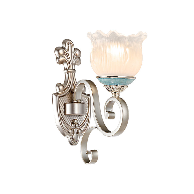 Silver 1/2-Head Wall Lighting Traditional Cream Glass Blossom Wall Sconce Light with Scrolled Arm