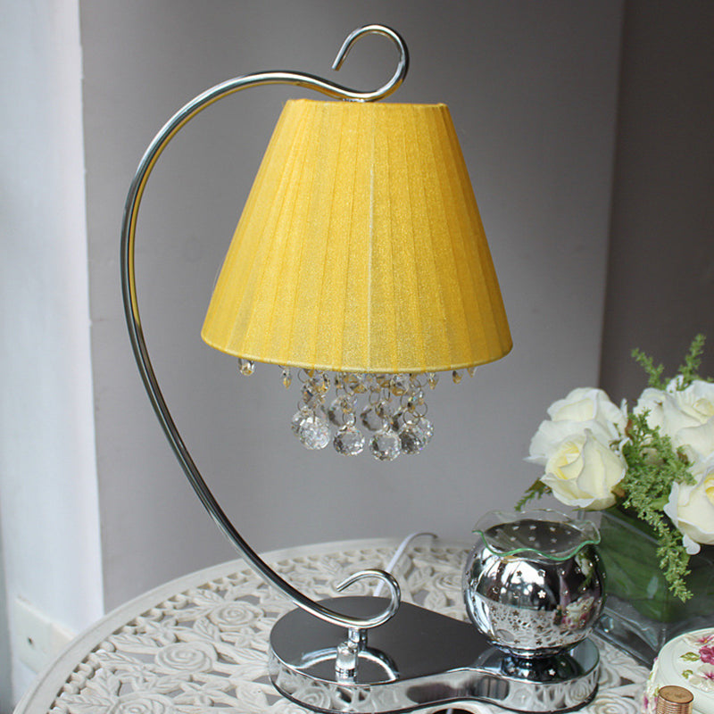 1 Light Table Lamp Country Bedroom Crystal Ball Night Light with Fabric Conic Shade in Yellow