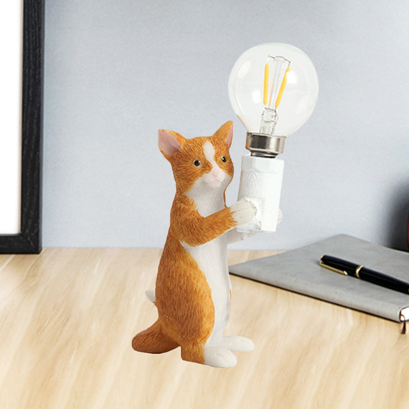 Tabby Cat Holder Table Lamp Kids Iron 1 Bulb Black/Yellow/Blue Nightstand Light with Bare Bulb Design