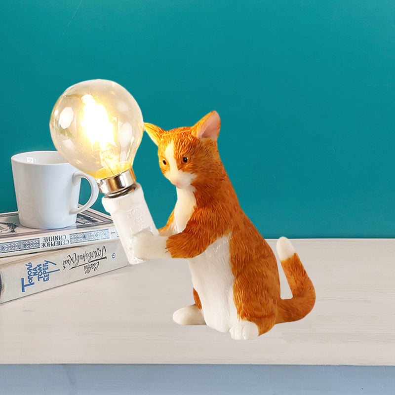 Tabby Cat Holder Table Lamp Kids Iron 1 Bulb Black/Yellow/Blue Nightstand Light with Bare Bulb Design