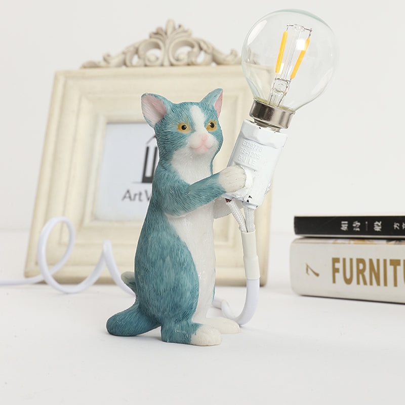 Tabby Cat Holder Table Lamp Kids Iron 1 Bulb Black/Yellow/Blue Nightstand Light with Bare Bulb Design