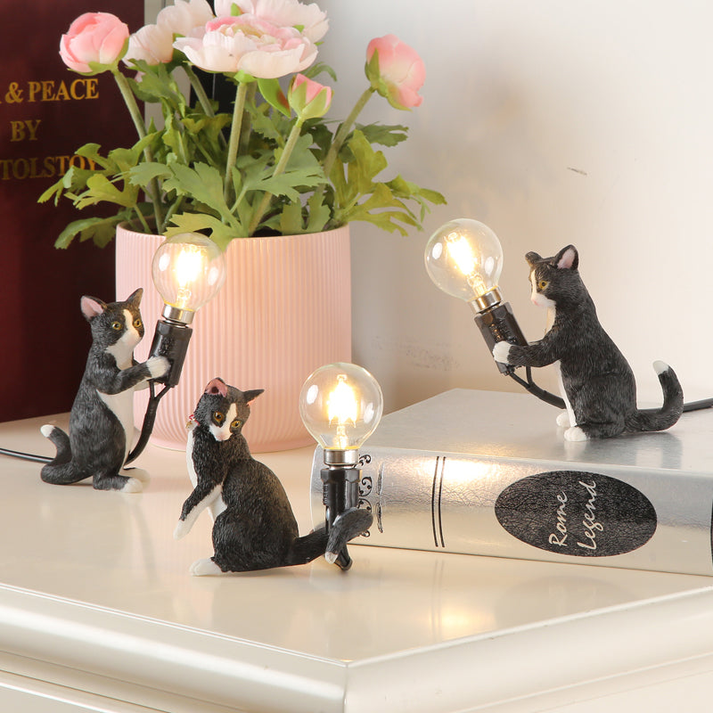 Tabby Cat Holder Table Lamp Kids Iron 1 Bulb Black/Yellow/Blue Nightstand Light with Bare Bulb Design