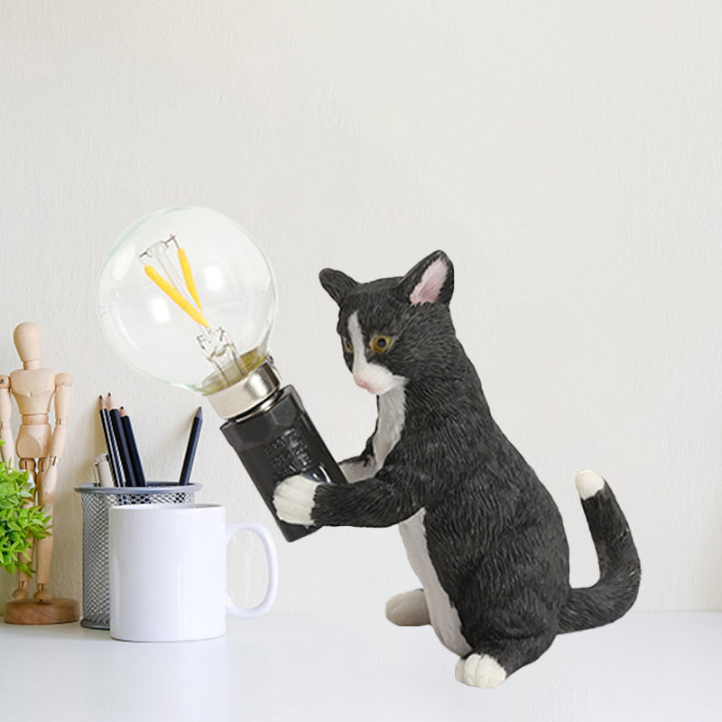 Tabby Cat Holder Table Lampe Kids Iron 1 ampoule Noir / Jaune / Blue Lumière de table de nuit avec design de bulbe nu