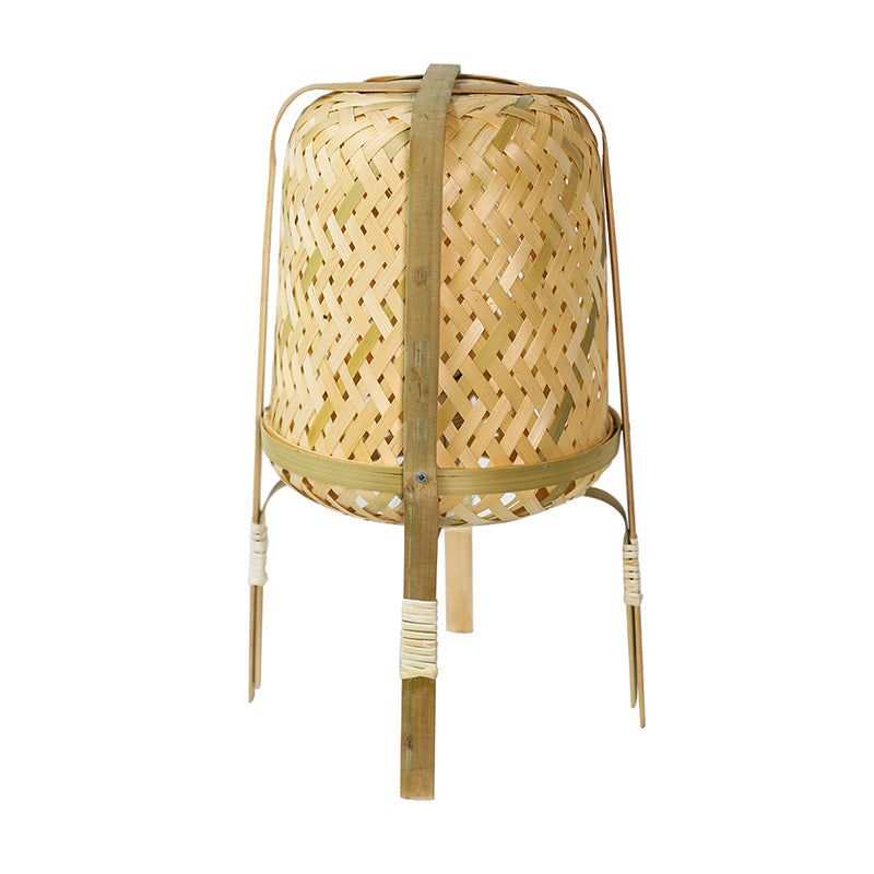Beige Hand-Woven Table Light Asian Style 1 Bulb Bamboo Rattan Night Lamp for Bedside