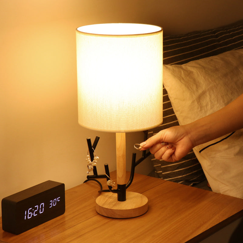 Branch Night Table Lamp Modern Wood 1-Light Black Reading Light with Barrel Fabric Shade for Bedroom