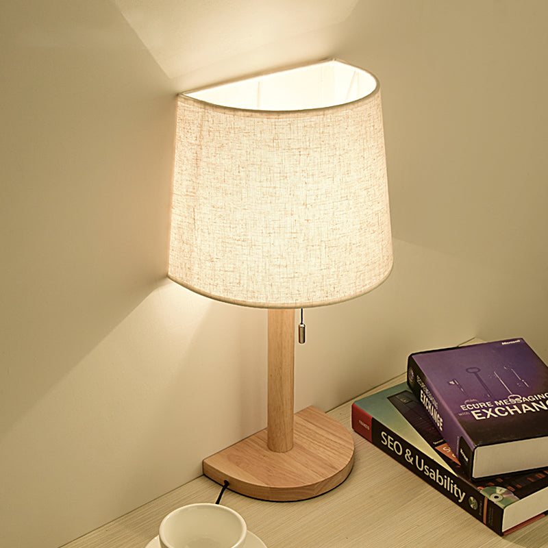 Fabric Half Barrel Desk Light Asian Style Single Light Wood Reading Book Lamp with Pull Chain