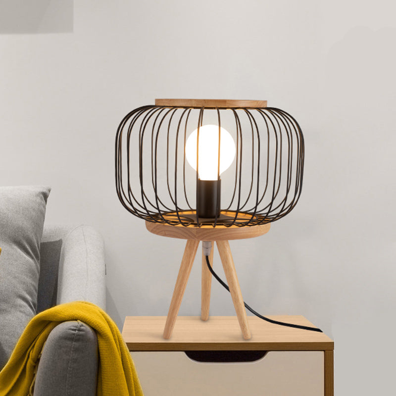Tavolo da ferro a gabbia leggero modernista 1 testa lampada da scrivania bianca/nera con base di treppiede in legno