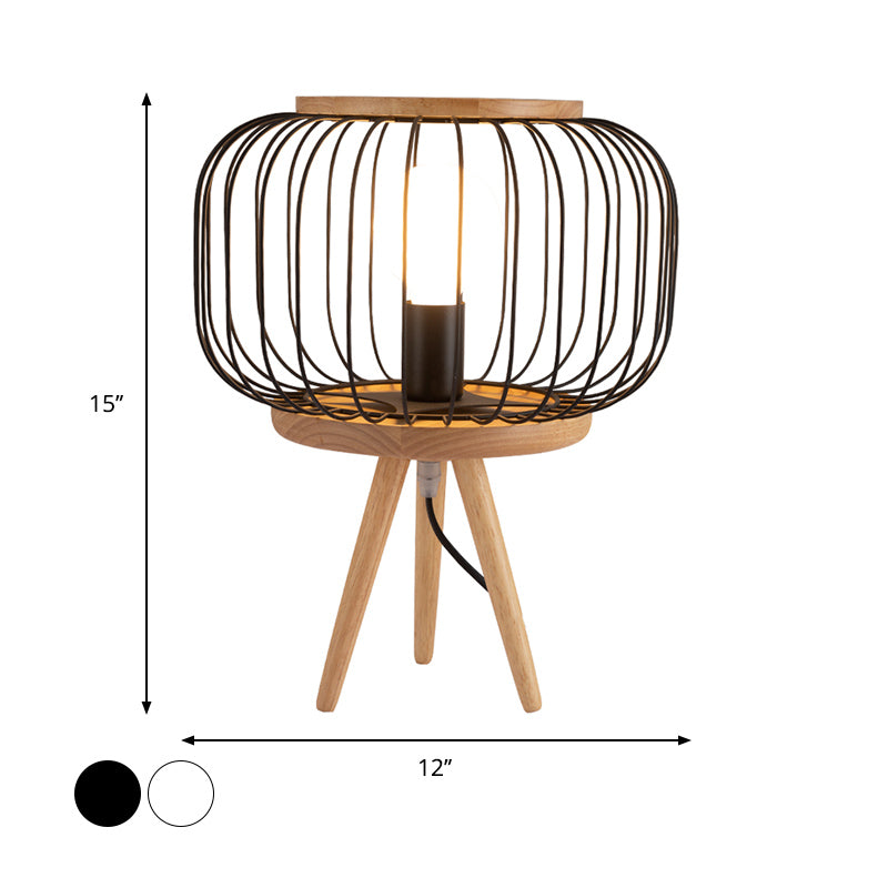 Tavolo da ferro a gabbia leggero modernista 1 testa lampada da scrivania bianca/nera con base di treppiede in legno