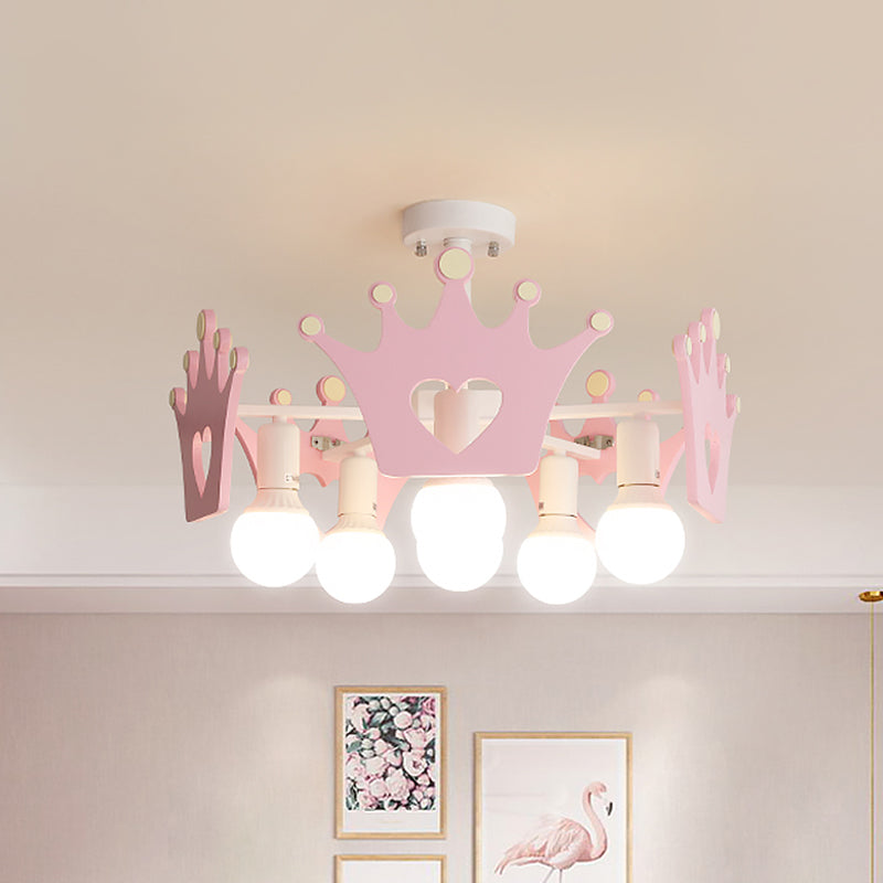 Acabado rosa Sputnik Semi Flush Mount Light Nordic 6 Bulbos de metal Cerca de la lámpara de techo con Crown Deco de madera