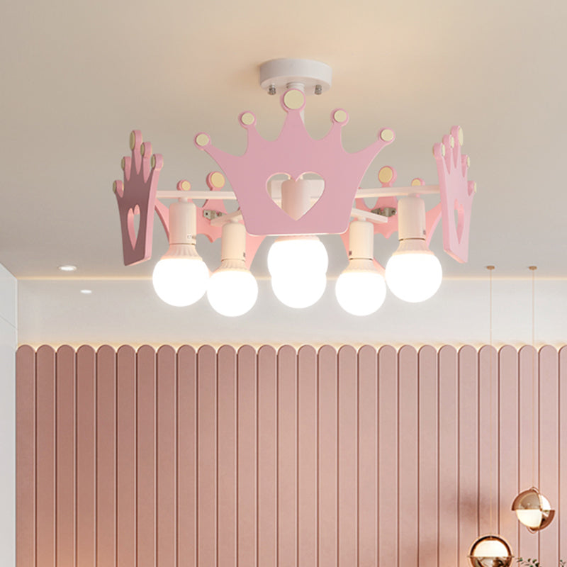 Acabado rosa Sputnik Semi Flush Mount Light Nordic 6 Bulbos de metal Cerca de la lámpara de techo con Crown Deco de madera