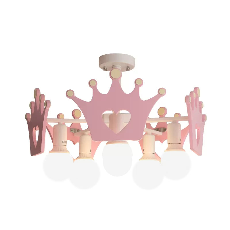 Acabado rosa Sputnik Semi Flush Mount Light Nordic 6 Bulbos de metal Cerca de la lámpara de techo con Crown Deco de madera
