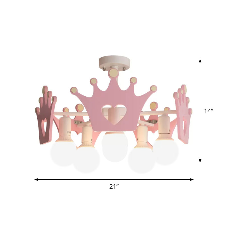 Acabado rosa Sputnik Semi Flush Mount Light Nordic 6 Bulbos de metal Cerca de la lámpara de techo con Crown Deco de madera