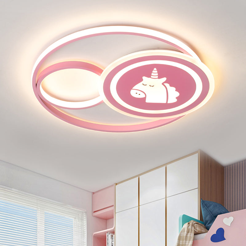 Luminaire de plafond circulaire en acrylique, plafonnier LED de dessin animé en rose/vert avec motif dinosaure/licorne, lumière blanche/chaude