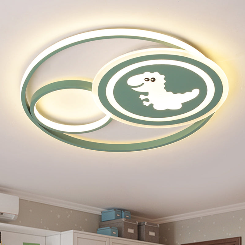 Luminaire de plafond circulaire en acrylique, plafonnier LED de dessin animé en rose/vert avec motif dinosaure/licorne, lumière blanche/chaude