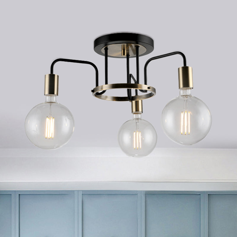 Verre transparent noir et or Semi Flush Lighting Vintage Vintage 3/5 Bulb salon Flush Plafond Lampe
