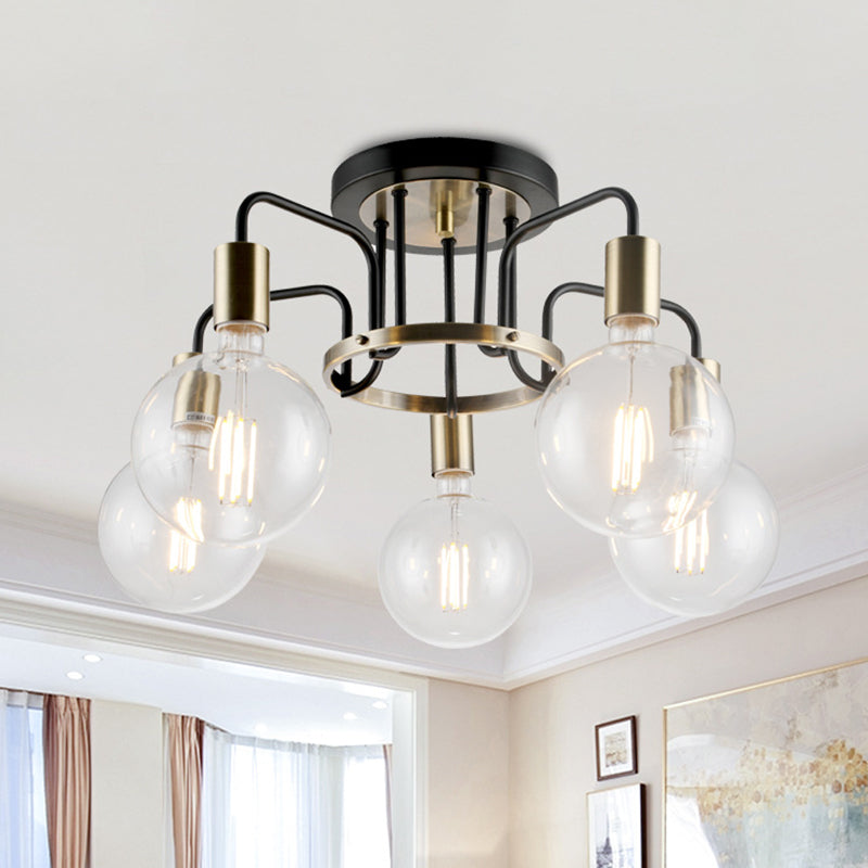 Verre transparent noir et or Semi Flush Lighting Vintage Vintage 3/5 Bulb salon Flush Plafond Lampe