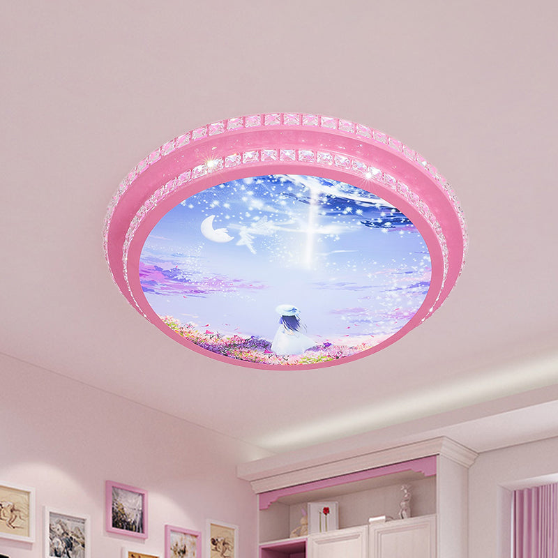 Night Sky Pattern Circular Flushmount Romantic Modern Acrylic Pink LED Ceiling Flush Light with Crystal Trim
