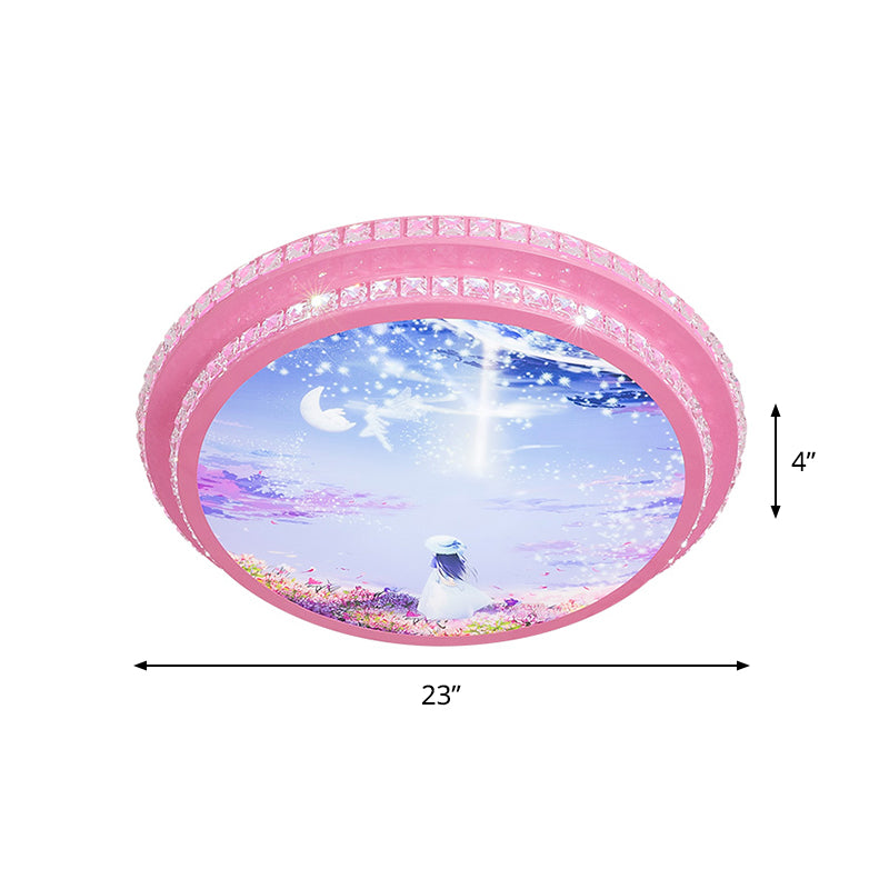 Night Sky Pattern Circular Flushmount Romantic Modern Acrylic Pink LED Ceiling Flush Light with Crystal Trim
