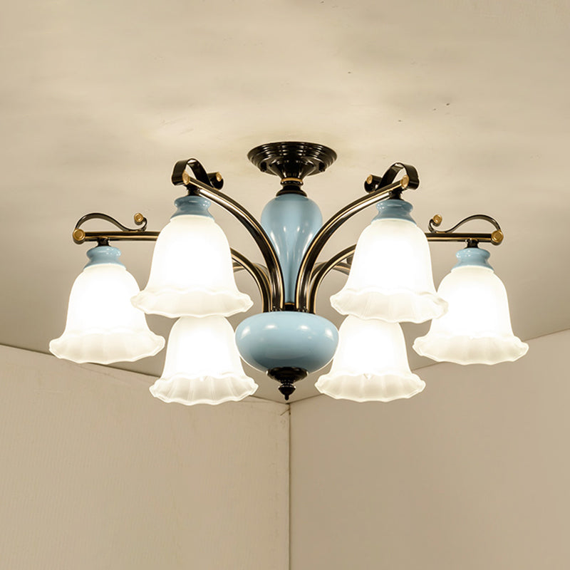 Flower White Glass Semi-Flush Ceiling Light Traditional 6/8 Heads Bedroom Flush Mounted Lamp