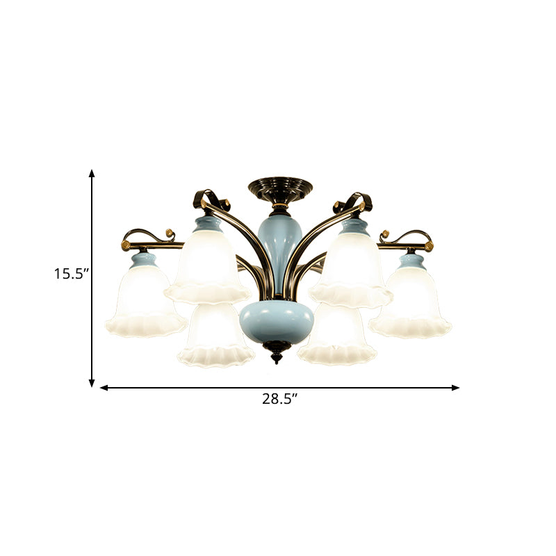 Flower White Glass Semi-Flush Ceiling Light Traditional 6/8 Heads Bedroom Flush Mounted Lamp