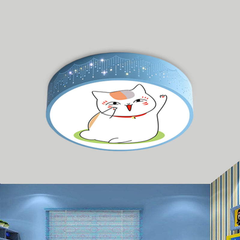 Comic Cat Kids Room Ceiling Flush Mount Iron LED Cartoon Flushmount Lighting in Blue/White