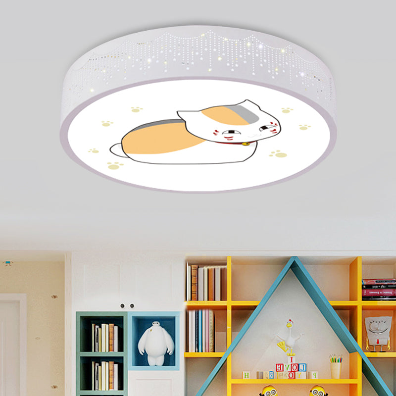Comic Cat Kids Room Ceiling Flush Mount Iron LED Cartoon Flushmount Lighting in Blue/White
