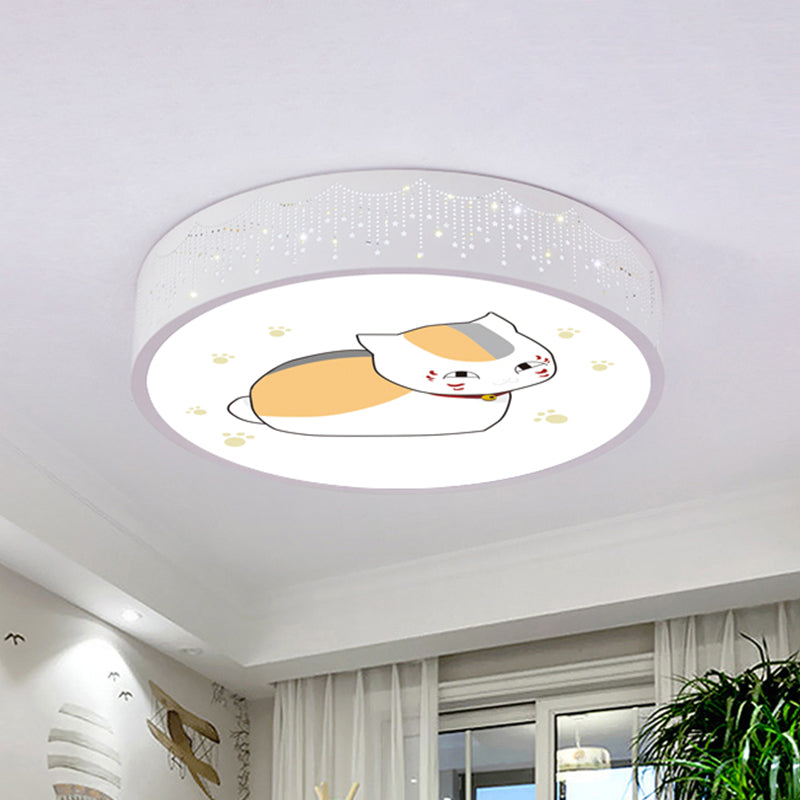 Comic Cat Kids Room Ceiling Flush Mount Iron LED Cartoon Flushmount Lighting in Blue/White