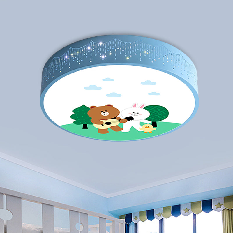 Acrylic Bear and Rabbit Flushmount Lamp Cartoon Blue LED Close to Ceiling Lighting with Carved Side