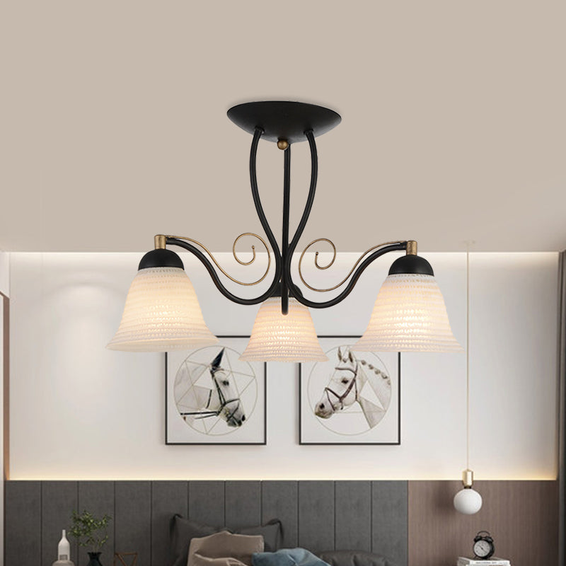 Bell Bedroom Semi Flush Mount Rustic Opal Glass 3 Heads Black Ceiling Light Fixture