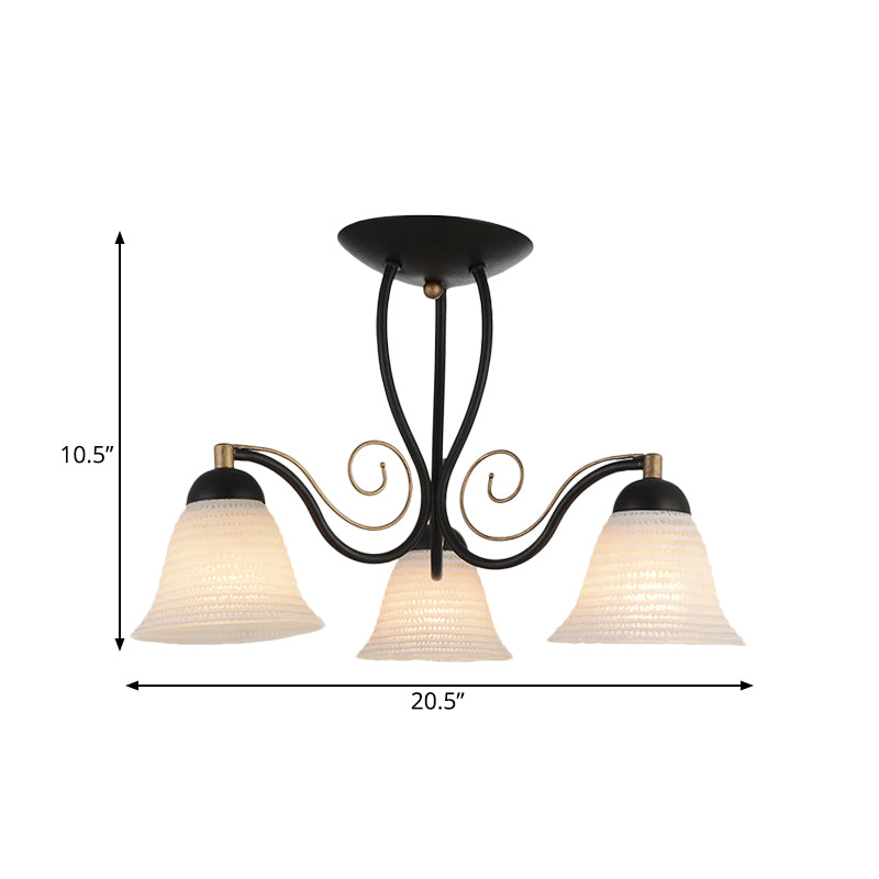 Bell Bedroom Semi Flush Mount Rustic Opal Glass 3 Heads Black Ceiling Light Fixture