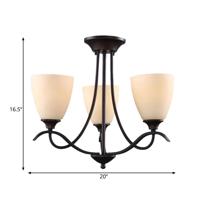 3 Lights Semi Mount Lighting Country Bud White Glass Flush Ceiling Light Fixture for Dining Room