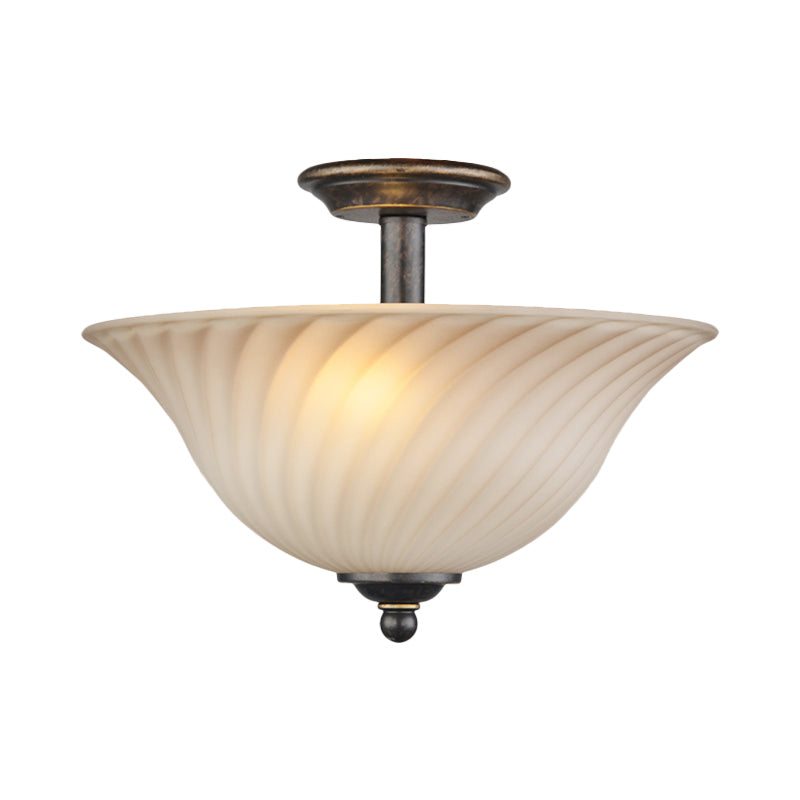 3-Head White Glass Semi Flush Light Countryside Bronze Curved Bedroom Flush Mount Lighting