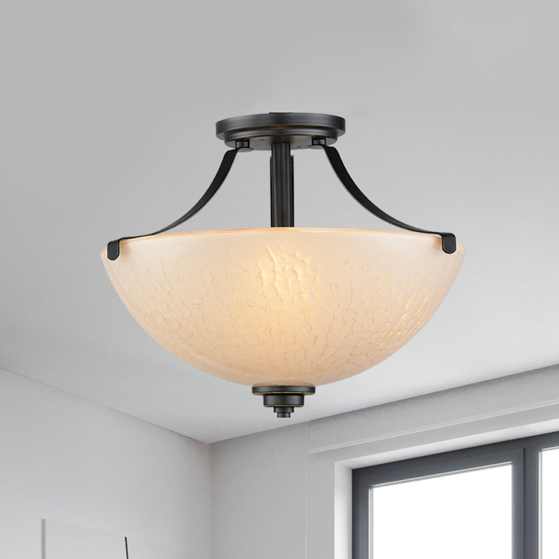 Rural Dome Semi Flush Mount 2-Head Frosted Glass Ceiling Light Fixture in Black for Kitchen
