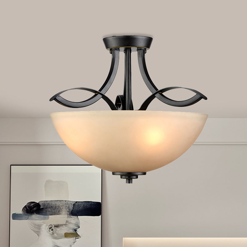 Frosted Glass Black Semi Flush Bowl 3-Bulb Rustic Ceiling Flush Mount Light for Bedroom