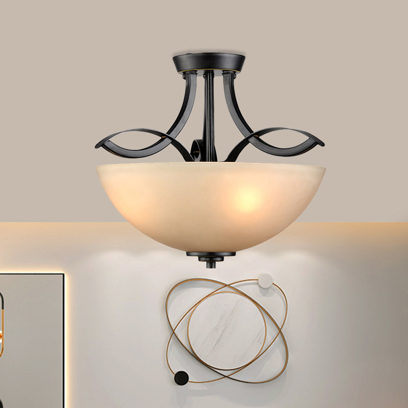 Frosted Glass Black Semi Flush Bowl 3-Bulb Rustic Ceiling Flush Mount Light for Bedroom