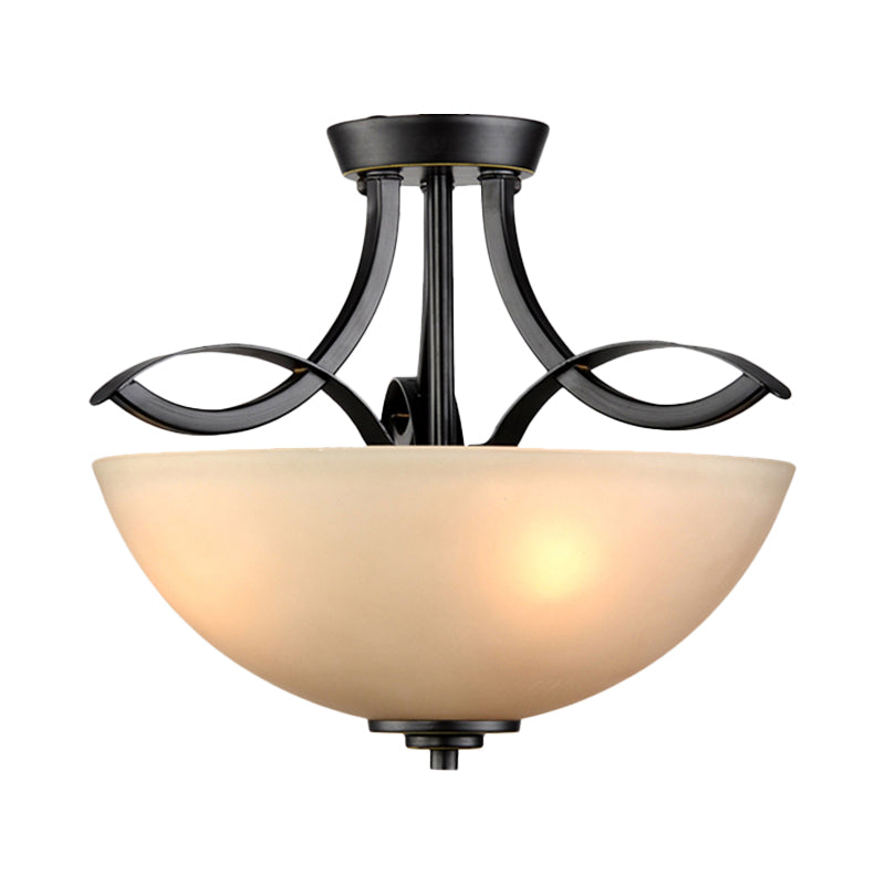 Frosted Glass Black Semi Flush Bowl 3-Bulb Rustic Ceiling Flush Mount Light for Bedroom