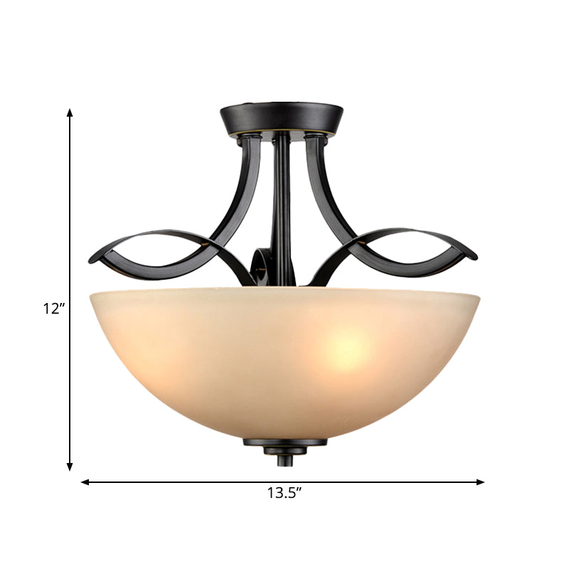 Frosted Glass Black Semi Flush Bowl 3-Bulb Rustic Ceiling Flush Mount Light for Bedroom