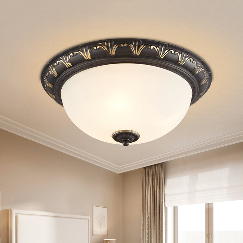 Black 2/3 Heads Ceiling Flush Countryside White Glass Dome Flush Mount Light Fixture for Bedroom, 12"/15.5" W