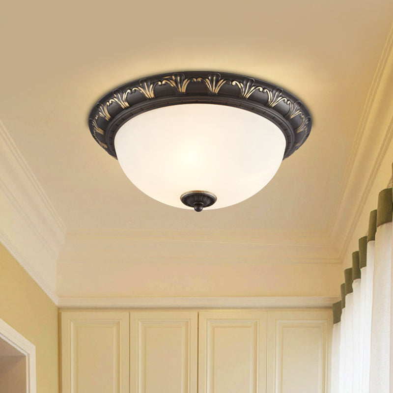 Black 2/3 Heads Ceiling Flush Countryside White Glass Dome Flush Mount Light Fixture for Bedroom, 12"/15.5" W