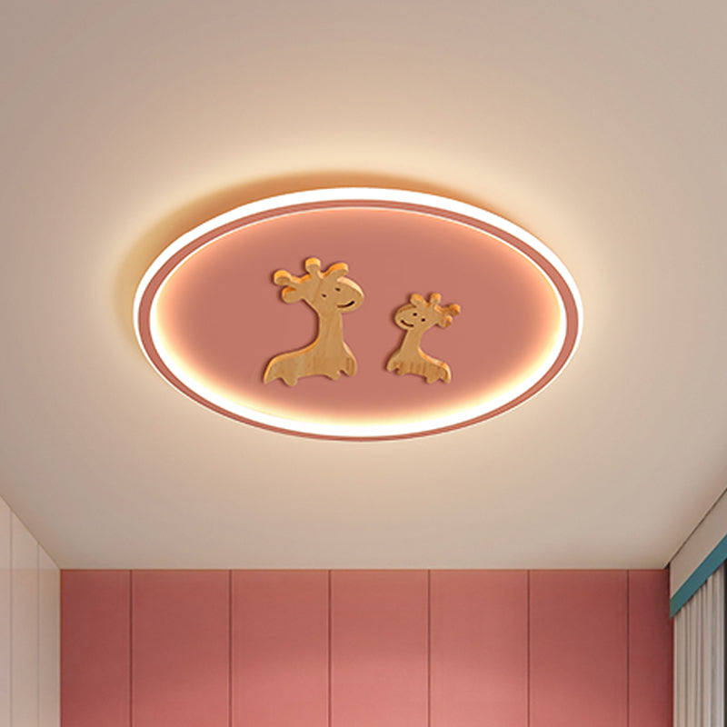 Deer Pattern Oval Flush Mounted Light Kids Acrylic Blue/Pink/Black LED Close to Ceiling Lamp for Bedroom
