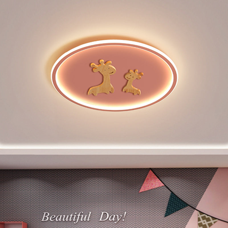 Deer Pattern Oval Flush Mounted Light Kids Acrylic Blue/Pink/Black LED Close to Ceiling Lamp for Bedroom