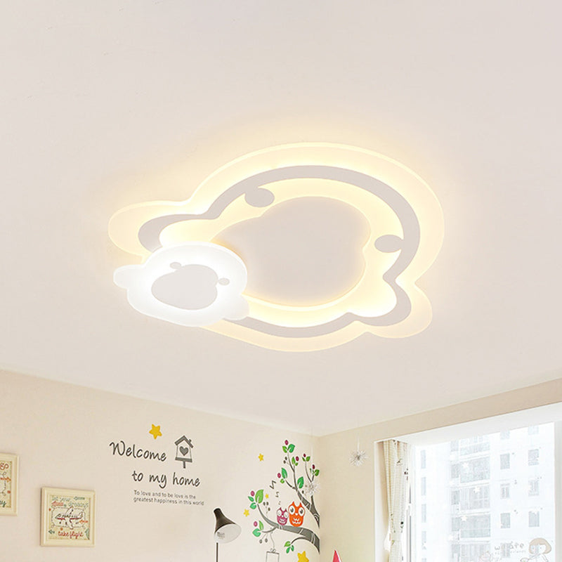White Penguin Ultrathin Ceiling Lamp Kids Acrylic LED Flush Mount Fixture in Warm/Inner White Outer Warm Light