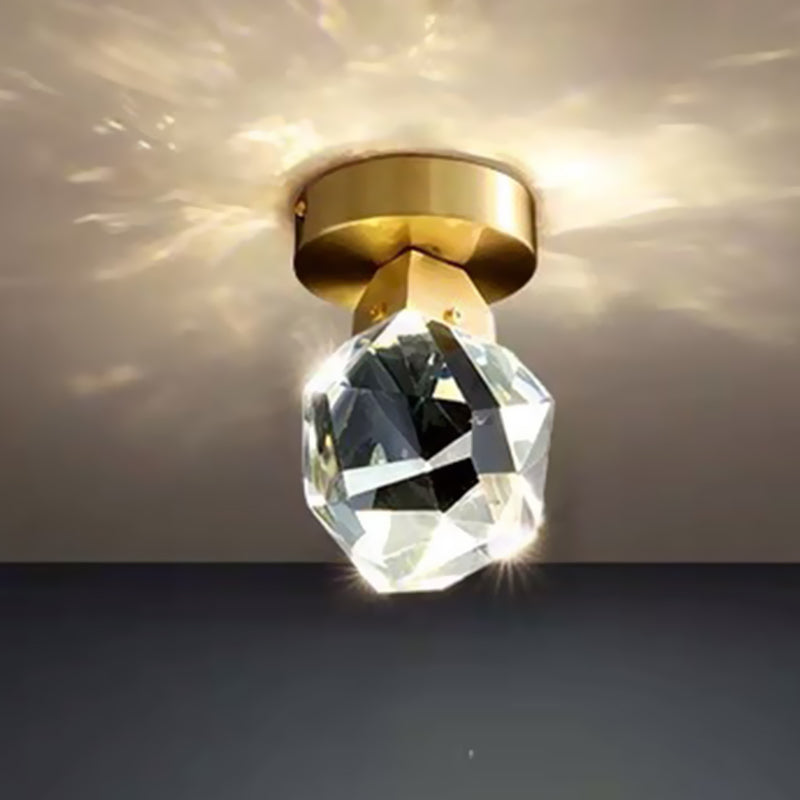 Faceted Crystal Block Flush Mount Minimalist LED Hallway Close to Ceiling Lamp in Gold