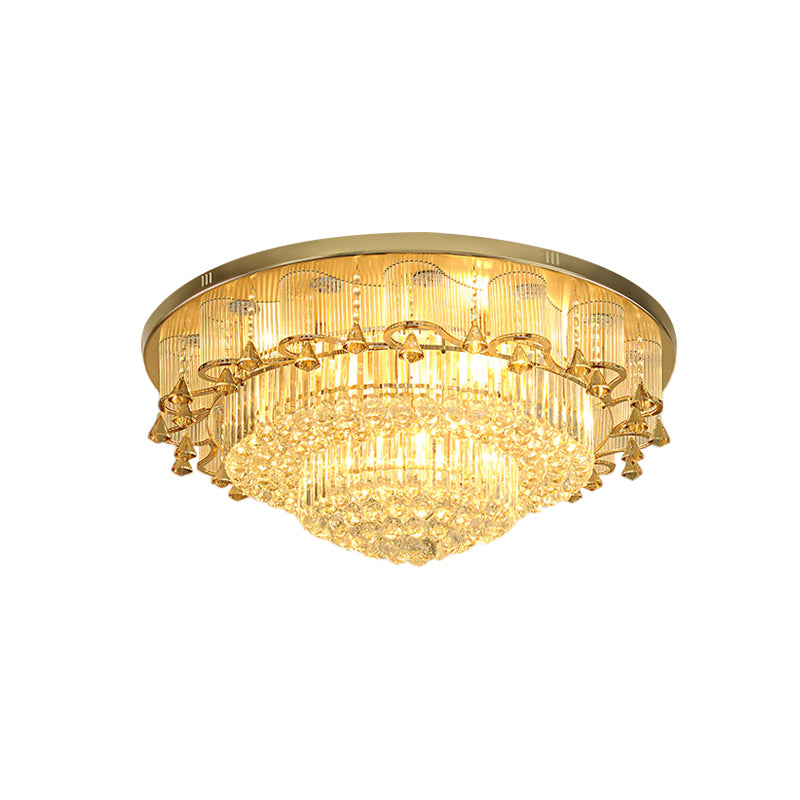 Gold LED Ceiling Flush Mount Contemporary Diamond Crystal Dual-Layered Flushmount Lighting