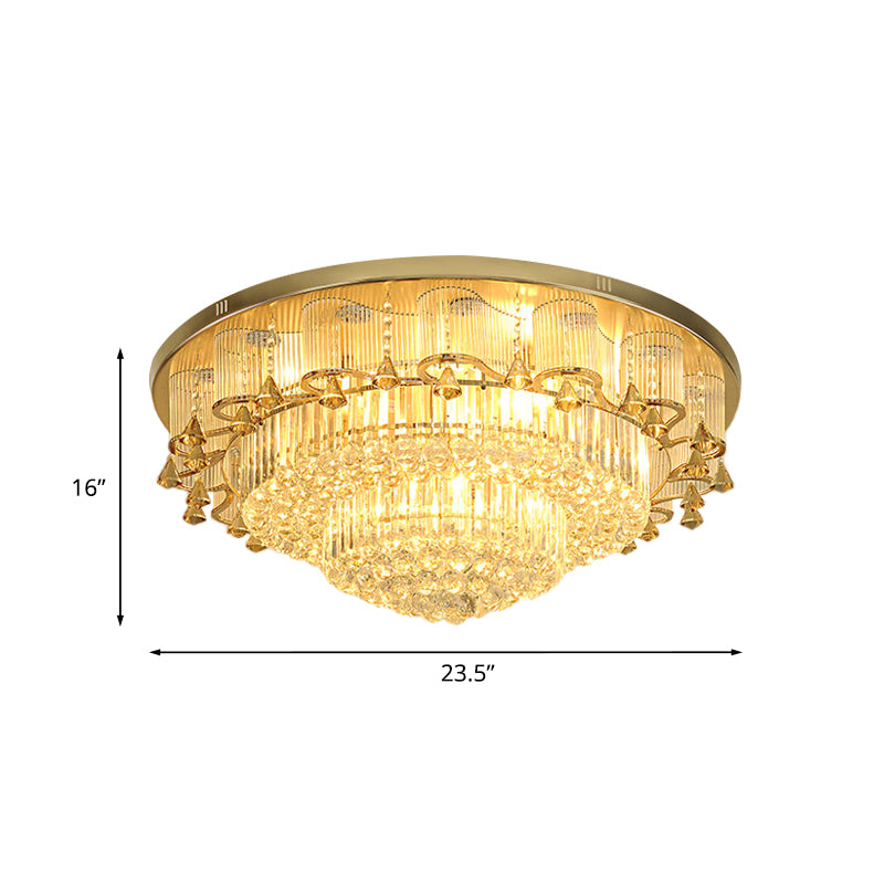 Gold LED Ceiling Flush Mount Contemporary Diamond Crystal Dual-Layered Flushmount Lighting