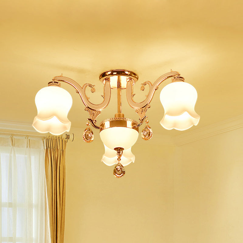 Traditional Scalloped Semi Flush 4/7 Light Opal Glass Ceiling Flush Mount Light in Gold with Crystal Drop