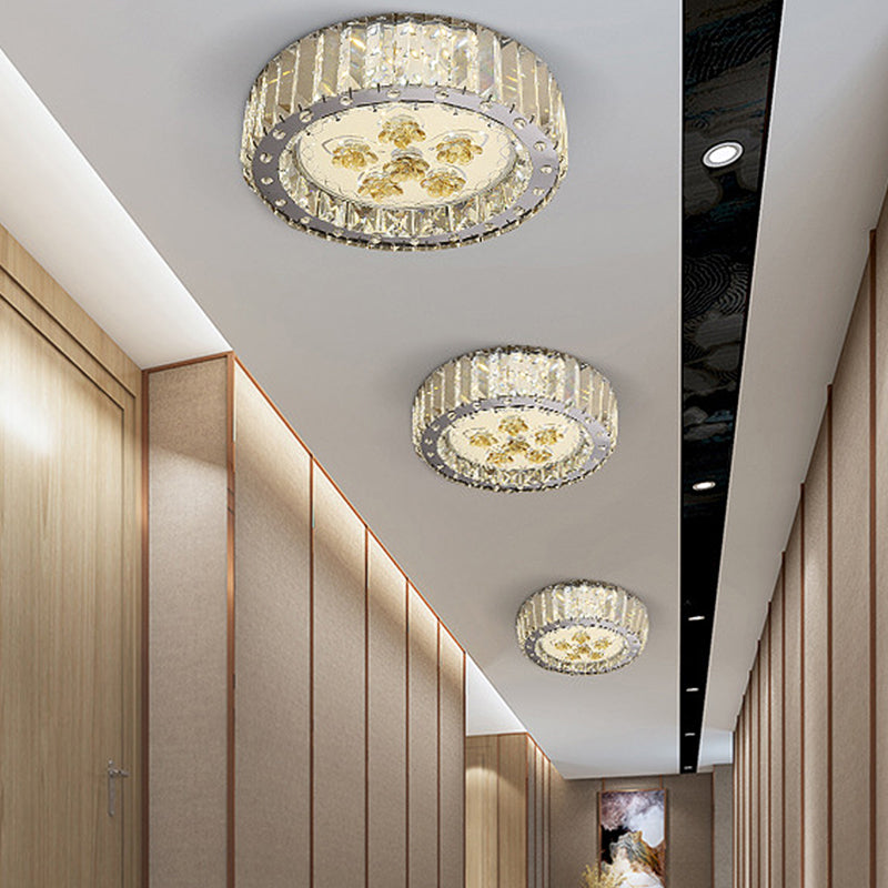 LED Flush Mount Spotlight Minimal Style Drum Shade Faceted Crystal Close to Ceiling Lamp in Nickel