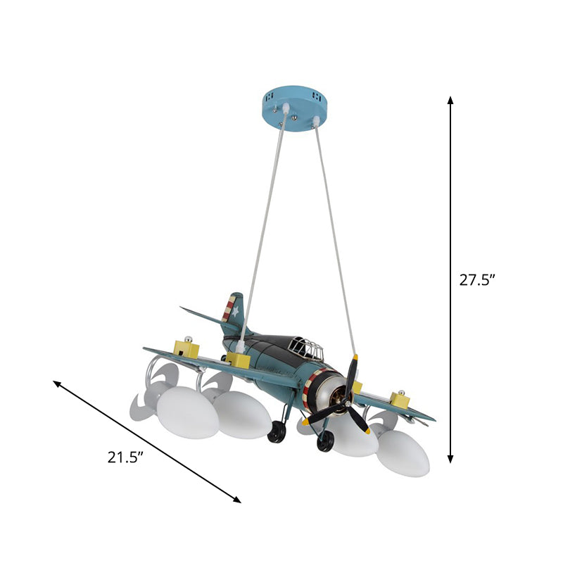 Cream Glass Bullet Chandelier Lamp with Aircraft Design Cartoon 4-Light Green Pendant Lighting