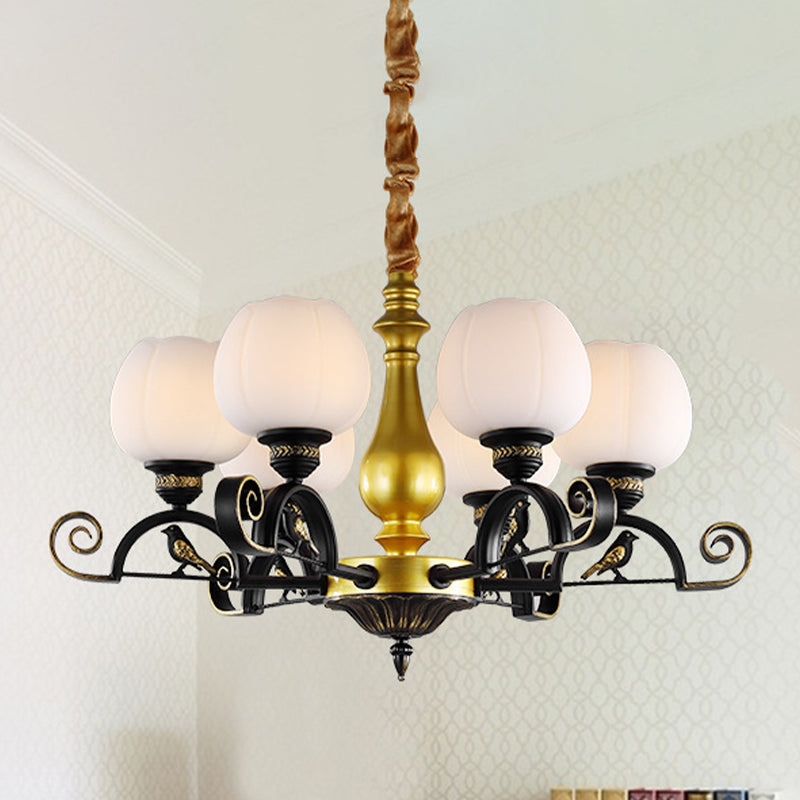 Studio Bloom Studio a pendente lampadario retrò vetro opale a 6 luci nere e oro soffitto con arredamento per uccelli