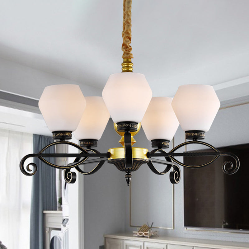 Lampone di vetro opale di 5 teste Light Antique Black Exagon soggiorno lampada sospesa